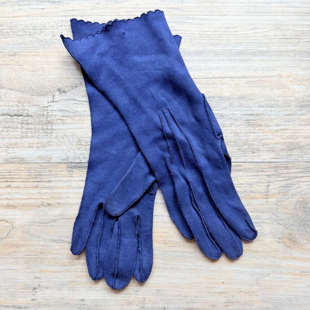 Vintage Navy Blue Gloves Long Dress Formal Opera Evening Stretch Scalloped